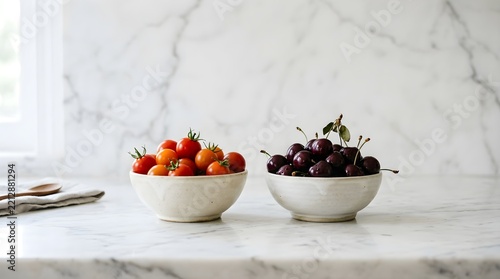 Ripe red cherry tomatoes and dark sweet cherries in ceramic bowls