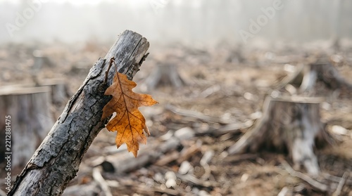 Solitary withered brown autumn leaf clinging to bare tree branch in winter
