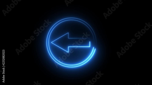 Neon blue arrow pointing left inside rotating circle light effect on black background video.