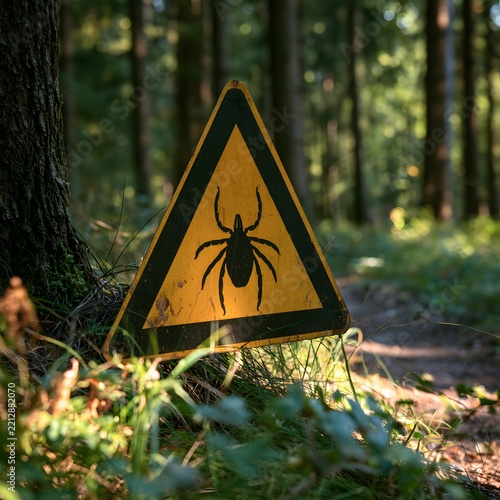 Tick warning sign standing in forest during summer