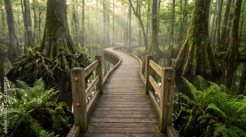 Fototapeta premium Wooden Footbridge Path Passing Through Misty Cypress Swamp Forest