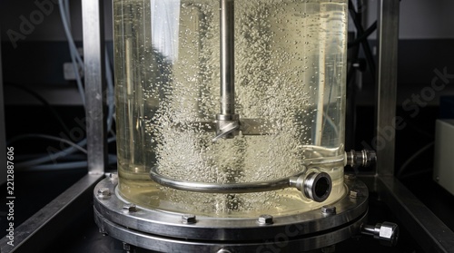 Fine bubble sparger inside a glass fermentation reactor