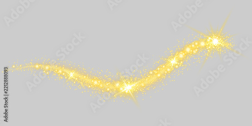 Golden wavy sparkling light trail swirl with glittering bokeh particles, glowing stars light effects isolated on transparent background PNG overlay