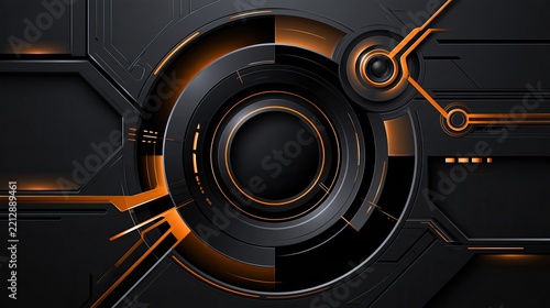 Futuristic modular interface with a large central circular dial, abstract orange geometric indicators, and sleek minimal tech UI elements on a deep matte-black background
