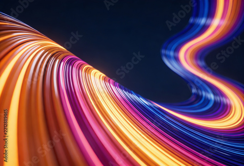 Abstract vibrant fiber optic light trails flowing through dark space for technology concepts