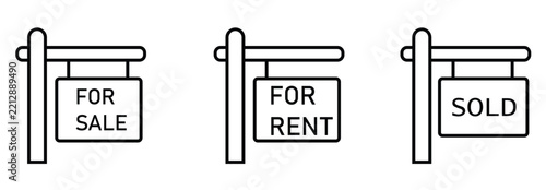 Real estate sign posts outline vector icon set