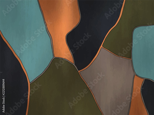 Geometric patchwork shapes with dark textures and earthy orange dividers