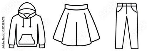 Clothing and apparel outline vector icon set