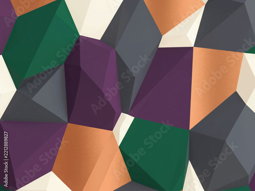 Geometric low poly mosaic pattern with dark green and copper shards