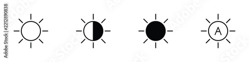 Sun brightness control icon set. Display light adjustment symbol in square outline.