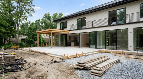 Modern house construction site with new concrete patio deck and wooden pergola frame under development