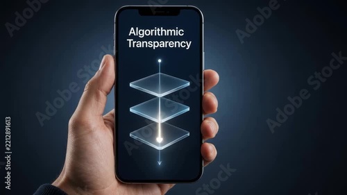 Hand Holding Smartphone with Algorithmic Transparency Layers
