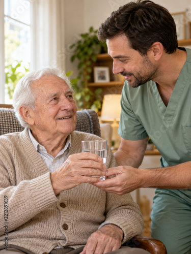 Ein Pfleger reicht einem älteren Mann fürsorglich ein Glas Wasser. Die persönliche Trinkhilfe steht für Vertrauen, Gesundheit und respektvolle Unterstützung im Pflegealltag.