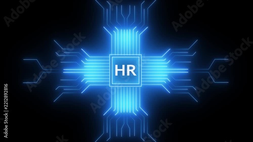 HR digital concept with glowing blue circuit board lines on black background