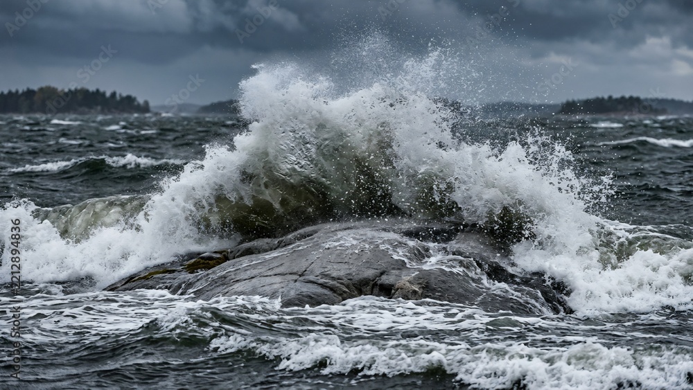 Fototapeta premium High Speed Impact of a Storm Wave Crashing Against a Granite Skerry