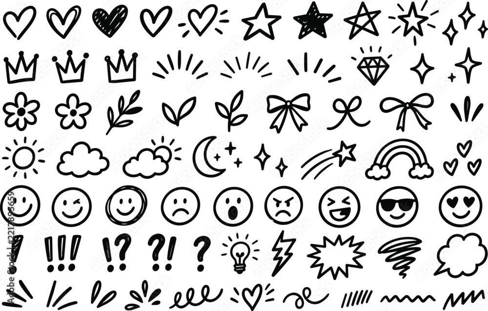 Obraz premium Hand Drawn Doodle Icons Hearts Stars and Floral Vector Set