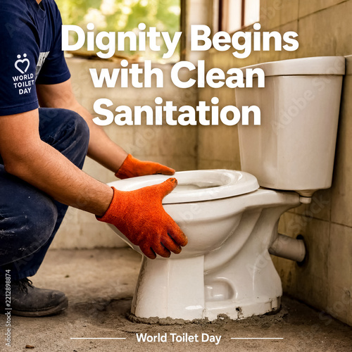 A worker installing toilet. Poster for World Toilet Day with Dignity Begins with Clean Sanitation slogan .