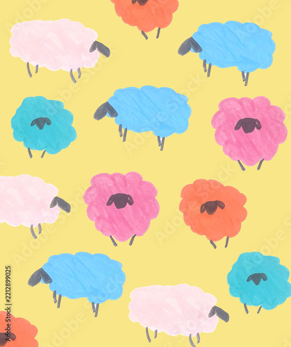Seamless watercolor pattern of cute fluffy sheep and lambs on a soft yellow background. Colorful farm animals in cyan, pink, coral orange and white with black faces and legs. Hand painted illustration