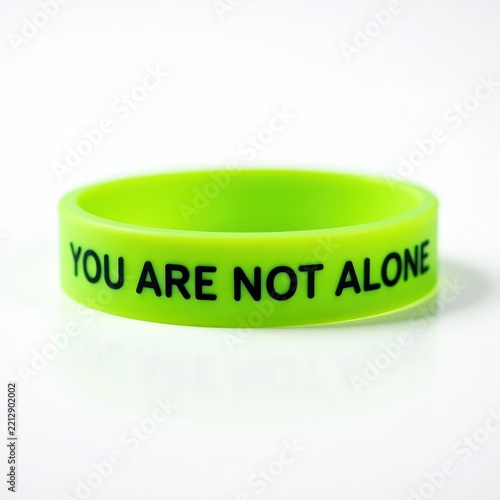 Bright green you are not alone wristband symbolizing pain support and social connection on white background