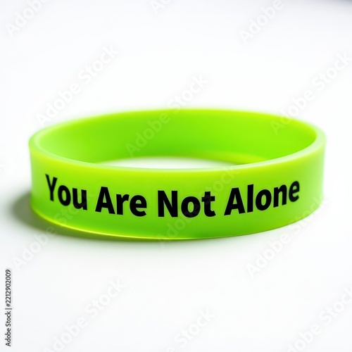 Bright green you are not alone wristband for painrelated social support, mental health awareness, encouragement, and community on white background
