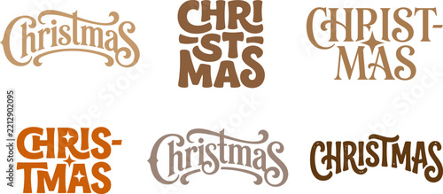 Merry Christmas vintage typography lettering set with brown and neutral cursive calligraphy, stacked, arched, and flourishes font designs on white background