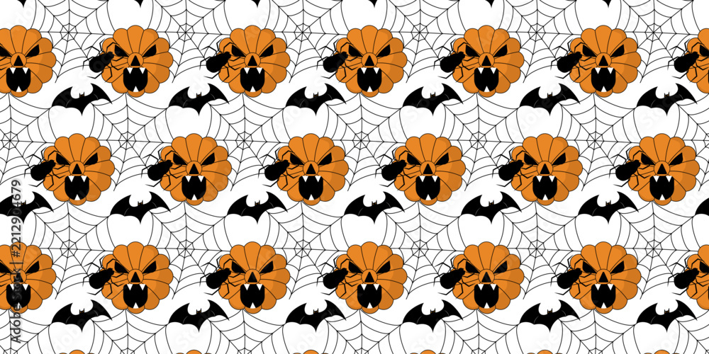 Obraz premium Spooky Halloween repeat pattern vectors background. Orange Jack-o-lantern pumpkins, spiderwebs, bats, and creepy trees continuous wallpaper template for holiday wrapping paper or party decor