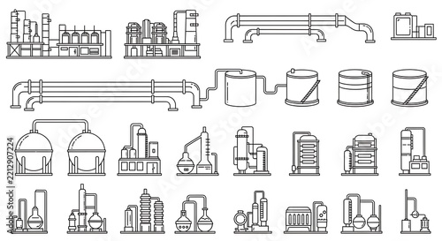Collection of industrial chemical plant and laboratory equipment icons