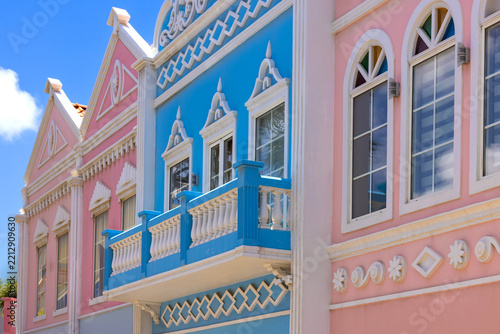 Panoramic view of colorful Dutch colonial style building facades in Oranjestad Aruba
