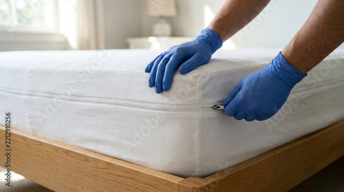Professional worker wearing blue protective gloves zipping up a clean white mattress encasement protector on a wooden bed frame in a bright bedroom, ensuring hygiene and allergen protection for home.