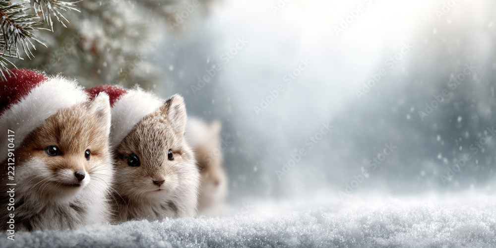 Fototapeta premium Christmas animals celebrating winter holidays, three cute friends, a hamster and two foxes, wearing red santa hats peeking over snowy ground with festive forest background and copy space