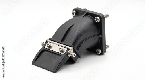 Angled studio photograph showcasing a molded black plastic drainage scupper funnel with a hinged flap valve for professional espresso machine wastewater management isolated against a white background.