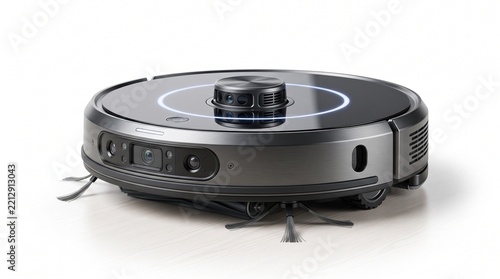 Modern smart robot vacuum cleaner isolated on white background, autonomous robotic sweeper device, black automatic floor cleaning appliance
