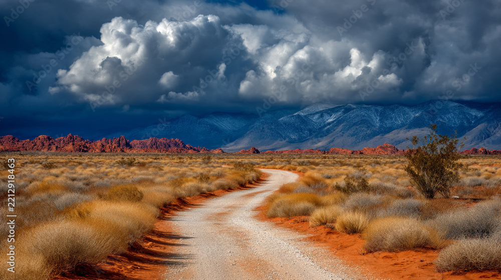 Fototapeta premium Dirt road through arid desert landscape leading toward distant mountains under stormy sky