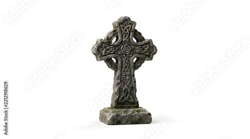 Stone celtic cross tombstone with rose carving isolated on white background
