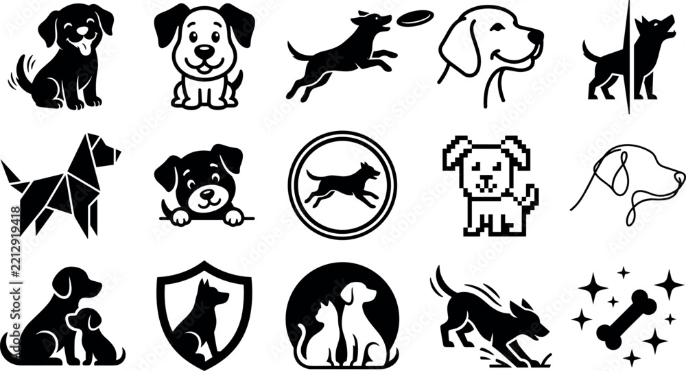 Obraz premium Dog Icons Set with Various Poses, Breeds, and Symbols for Logo Design