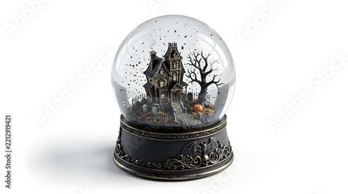 Halloween snow globe with a haunted house, dead tree, and pumpkin isolated on white background