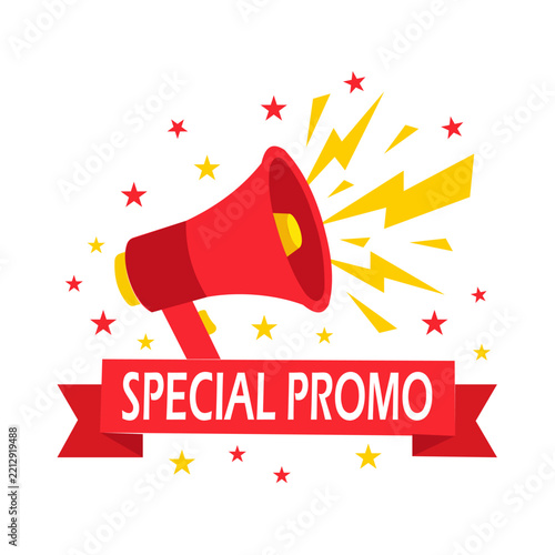 Red Megaphone Special Promo Vector Banner with Ribbon and Lightning Stars. Resizable and editable, EPS 10.