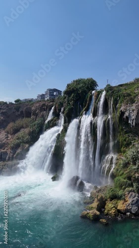 Amazing aerial view of Duden waterfall falling into the sea, Antalya, Türkiye