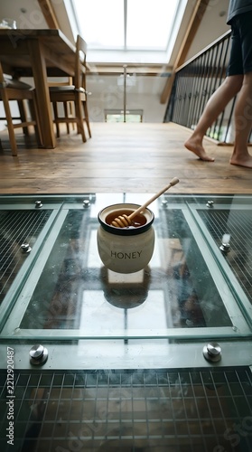 Honey pot with wooden dipper on a modern glass table in bright room