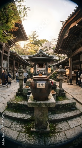 Traditional stone incense burner at a historic japanese shrine temple
