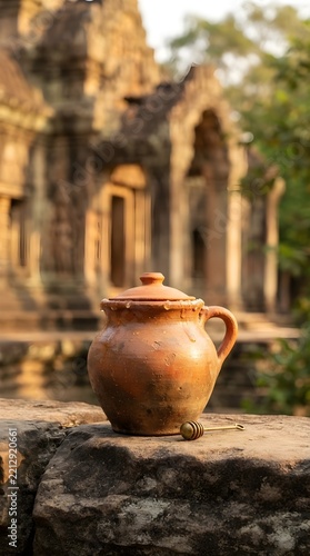 Clay honey pot with wooden dipper in front of an ancient stone temple