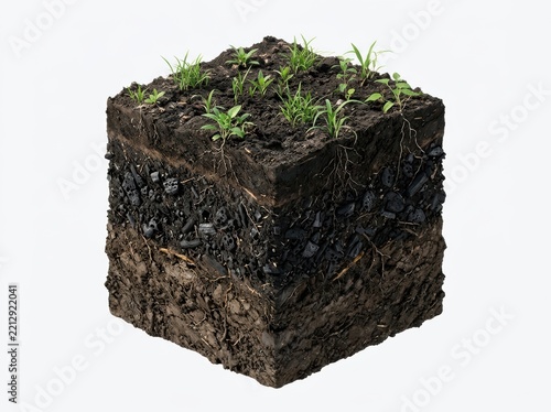 Carbon rich soil layers with biochar particles, carbon sequestration concept
