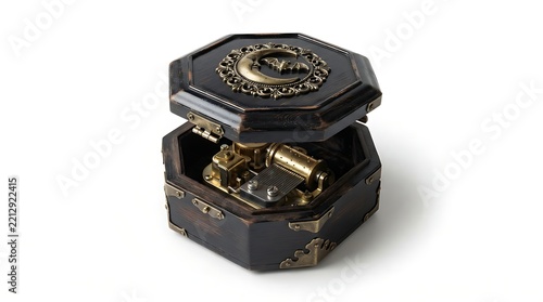 Vintage wooden music box with moon and bat emblem isolated on white background