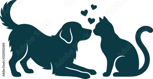 Cute dog and cat sharing affectionate moment with heart shapes