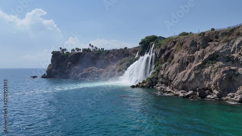 Amazing aerial view of Duden waterfall falling into the sea, Antalya, Türkiye