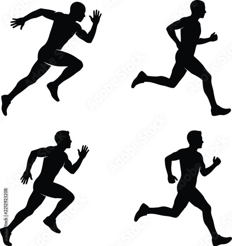 Four silhouette runners in different running poses on transparent background