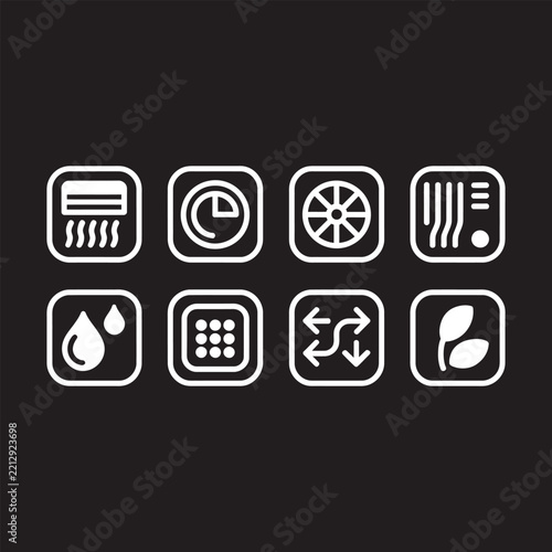 Set of eight minimalist white icons on transparent background