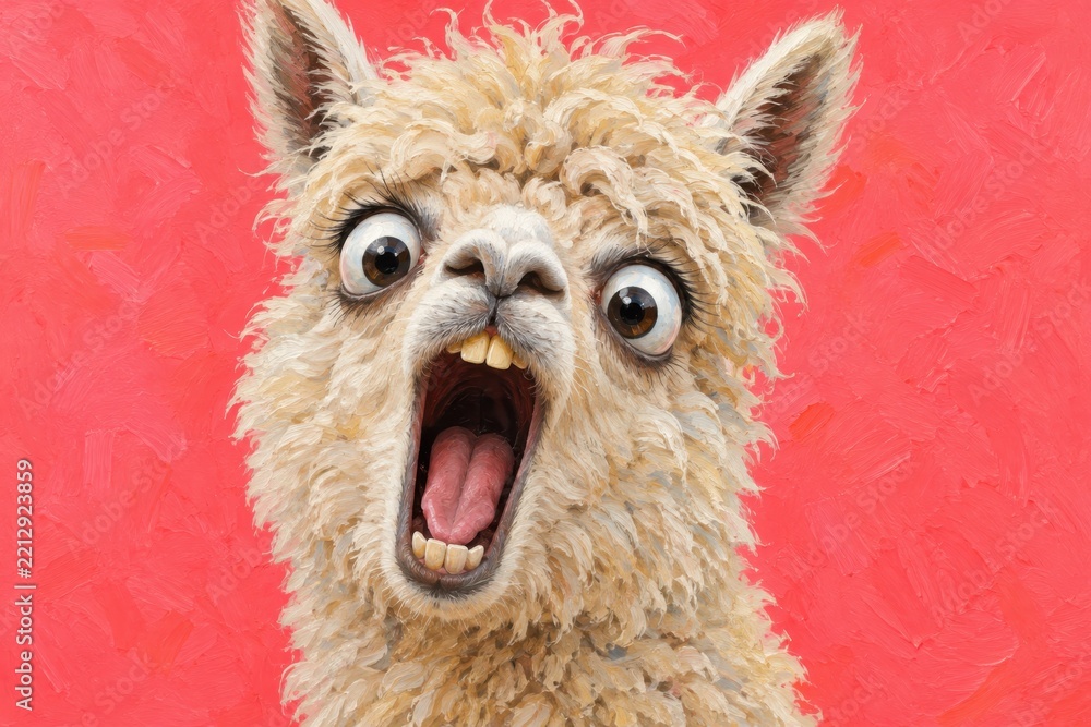 Fototapeta premium Close up portrait of a shocked alpaca with wide eyes and open mouth against a vibrant red background, humorous animal art for expressive greeting cards