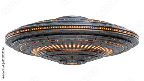 Detailed metallic flying saucer with glowing orange lights, isolated on transparent background