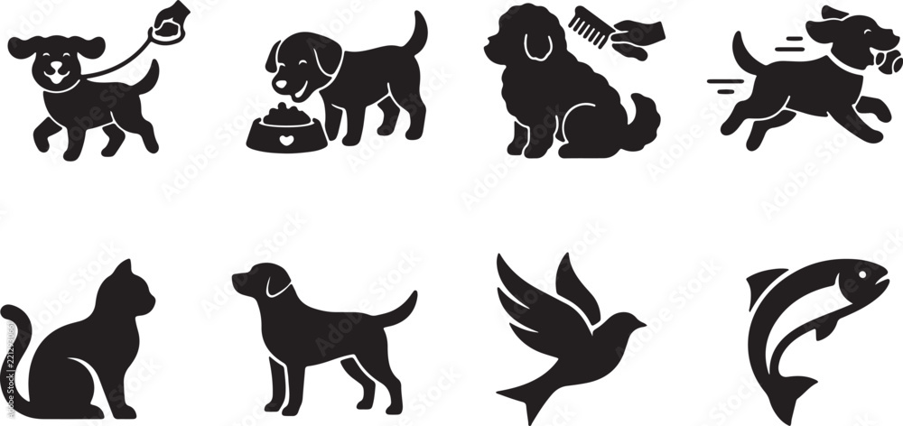 Obraz premium Pet Care And Animal Silhouettes Icon Set